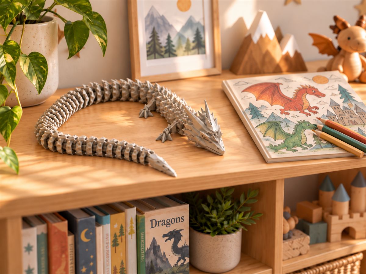 Beweglicher grauer Gelenkdrache in geschwungener Haltung auf einem Holzregal im Kinderzimmer, daneben ein Malbuch mit Drachen und Farbstiften